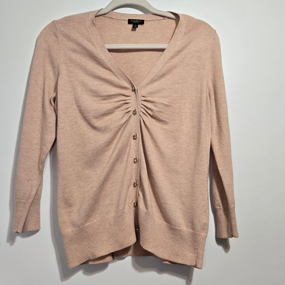 Talbots Cardigan Sweater - Tan-ish Peach Jeweled Studded Bling Buttons Ruched M